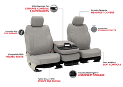 Infographic showing Genuine Leather Seat Covers features: side airbag ready, heated seats, and storage pockets.