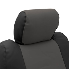 Close-up of the headrest of Imitation Leather CK Seat Covers in charcoal and black, showing the smooth faux leather texture and snug custom fit.