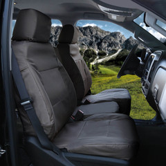Charcoal Ballistic Seat Covers installed on front bucket seats, heavy-duty fabric with a tailored custom-fit look.