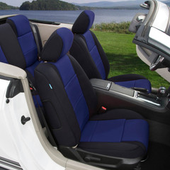 Blue and black NeoSupreme CK Seat Covers installed in a white convertible, custom-fit panels for a sporty tailored look.