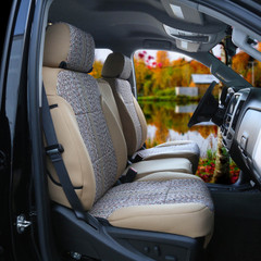 Saddle Blanket CK Seat Covers installed in a truck interior, featuring woven fabric inserts for a rugged custom look.