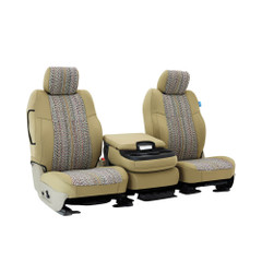 Saddle Blanket CK Seat Covers on 40/20/40 bench seats, featuring multi-colored woven inserts and a tan custom-fit design.