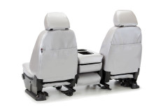 Rear view of Luxury Line Carbon Fiber Seat Covers in light gray, showing built-in storage pockets and custom console/cupholder openings.