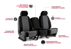 Infographic showing CORDURA 1000 Denier Xtra-Duty Seat Covers features: airbags/heated seats compatible, pockets, storage access.