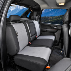 CORDURA 1000 Denier Xtra-Duty seat covers on truck rear bench, gray grid centers with black bolsters and headrests.