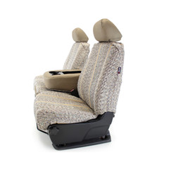 Luxury Line Saddle Blanket Seat Covers side view on front bench seats with fold-down console and cupholder access.