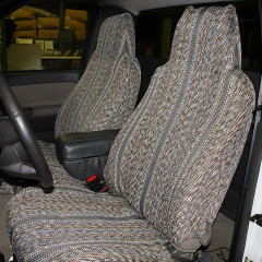 Luxury Line Saddle Blanket seat covers on front buckets, heathered weave with twin dark ribbed stripes down each center.