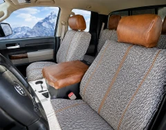 Luxury Line Saddle Blanket Seat Covers installed in a truck, featuring woven inserts with premium brown leatherette.