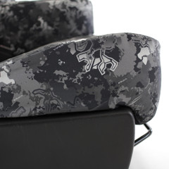 Close-up of Luxury Line Viper Camo Seat Covers showing the precision custom fit at the seat base and tactical pattern detail.