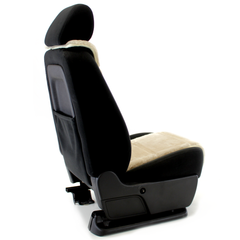 Rear view of Universal Sheepskin Vest Seat Cover, showing the secure fit and clean installation on a front bucket seat.