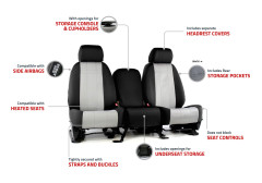 Infographic showing Neoprene Seat Covers features: side airbag/heated seat compatible, headrest covers, pockets, and access to controls.