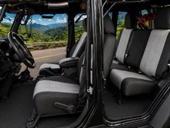 Toyota Waterproof  CORDURA seat covers on Jeep Wrangler front and rear, light gray centers with black bolsters and headrests.