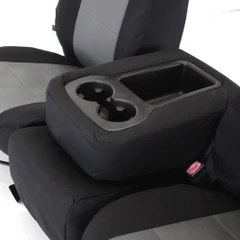 Black waterproof Toyota Waterproof Cordura  seat cover for a truck center console featuring precise cutouts for cup holders.