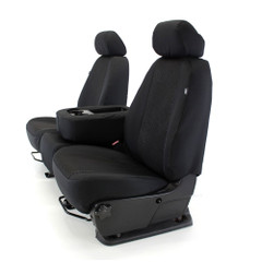 Front/angled view of black Cool-Max Seat Covers on bench seats, featuring breathable mesh inserts and a custom fit.