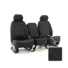 Cool-Max Seat Covers in black with blue mesh inserts on a 40/20/40 bench seat, including a breathable fabric swatch.