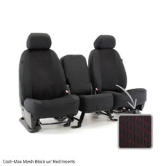 Cool-Max Seat Covers in black with red mesh inserts on a 40/20/40 bench seat, featuring breathable mesh panels and a fabric swatch.