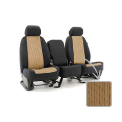 Cool-Max Seat Covers in tan and black on a 40/20/40 bench seat, featuring breathable mesh inserts and a fabric swatch.