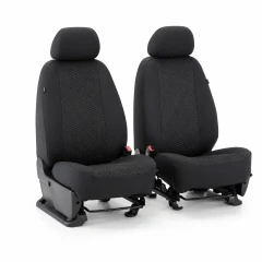 Pair of Cool-Max Seat Covers for front bucket seats, featuring breathable mesh center panels and a tailored black design.