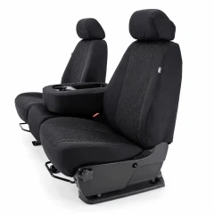 Front/angled view of black Cool-Max Seat Covers on bench seats, featuring breathable mesh inserts and a custom fit.
