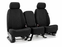 Cool-Max Seat Covers on a 40/20/40 bench seat with the center console folded down, showing precise cupholder and storage openings.