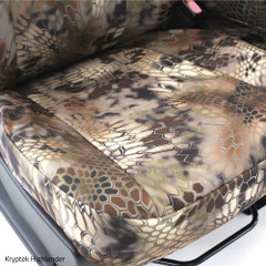 Detailed view of the seat cushion of Kryptek Highlander camo seat covers, showing the durable waterproof fabric texture.