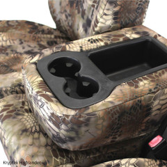 Kryptek Highlander camo center console cover with precise openings for cupholders and storage, providing full protection.