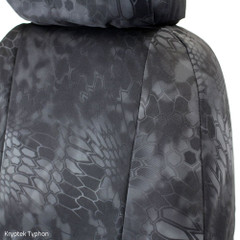 Close-up view of the high-definition tactical pattern on a Kryptek Typhon waterproof camo seat cover backrest.