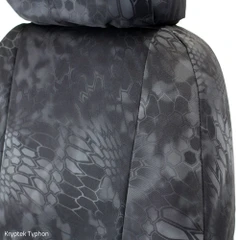 Close-up view of the high-definition tactical pattern on a Kryptek Typhon waterproof camo seat cover backrest.