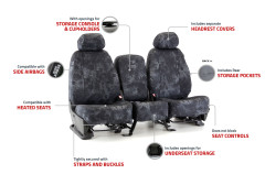 Infographic showing Kryptek features: console access, headrest covers, storage pockets, and side airbag ready.