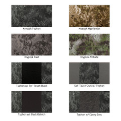 Luxury Line Kryptek Camo Seat Covers colorways: Kryptek Typhon, Highlander, Raid, and Altitude with leatherette/ostrich/croc trims.