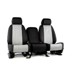 Neoprene Seat Covers full set shown on seats, two-tone black with light gray center panels and a tailored fit.
