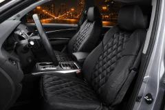 Sof-Touch Leatherette Seat Covers installed on front seats, black leatherette with quilted diamond stitching for a premium look.