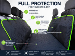 Universal Pet Seat Cover infographic: hammock with chevron black quilt, lime trim, and feature callouts for straps and mesh.