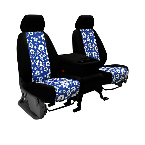 Hawaiian Seat Covers with blue floral insert panels on front seats and center console, custom-fit full coverage.
