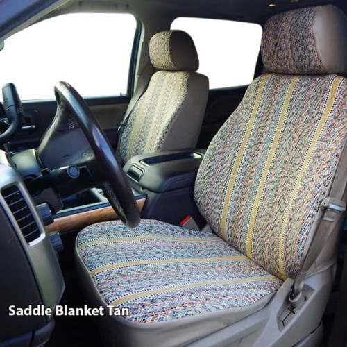 Saddle Blanket Seat Covers installed on front seats (Sport Tan), woven saddle blanket center panels with custom fit.