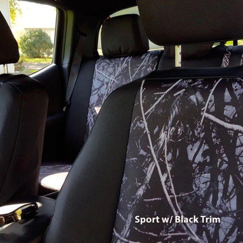 Moon Shine Waterproof Camo Seat Covers (Sport w/ Black Trim) front seat view, custom-fit camo pattern with black trim.
