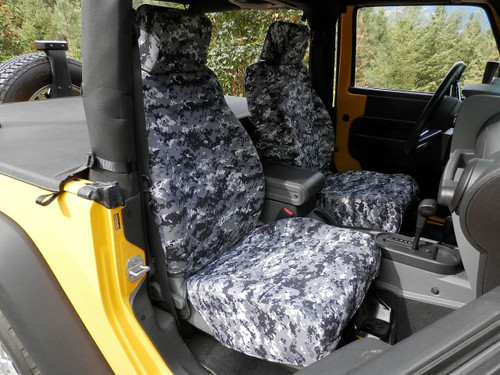 Military Camo Seat Covers installed on front seats in a Jeep (interior view), digital camo pattern with a snug fit.