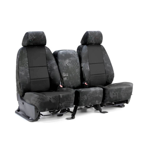 Luxury Line Kryptek Typhon Camo Seat Covers with Black Ostrich inserts installed on 40/20/40 Seats.