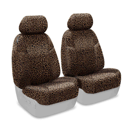 Pair of Animal Print Seat Covers shown on front bucket seats, featuring a classic leopard print and tailored fit.