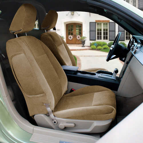 Tan Velour CK Seat Covers installed on front bucket seats, featuring soft plush fabric and a clean custom-fit look.