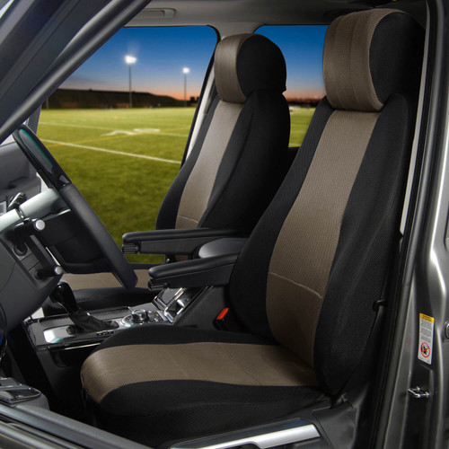 Super Mesh CK Seat Covers in tan and black, breathable custom-fit mesh panels on front bucket seats in a luxury interior.