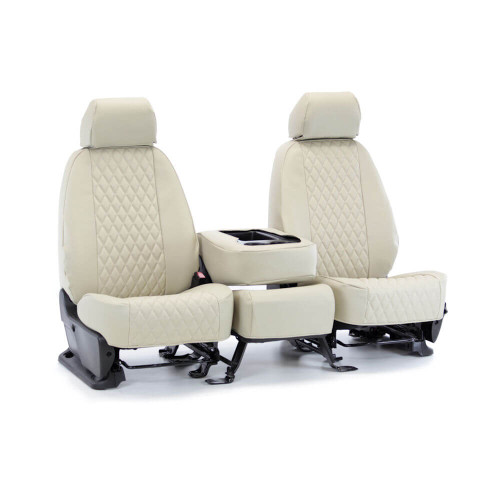 Diamond Stitch Seat Covers shown on seats with center console, ivory leatherette with diamond-stitched inserts and custom fit.