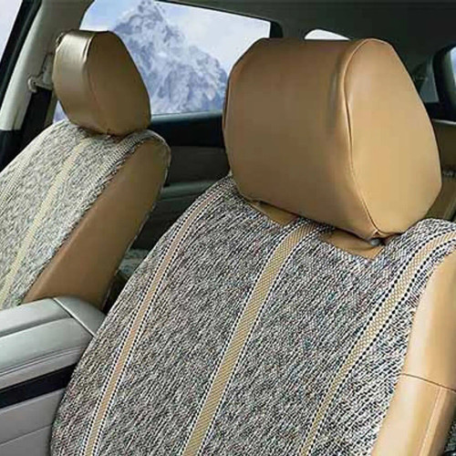 Close-up of Luxury Line Saddle Blanket Seat Covers showing woven fabric texture and tan leatherette trim.