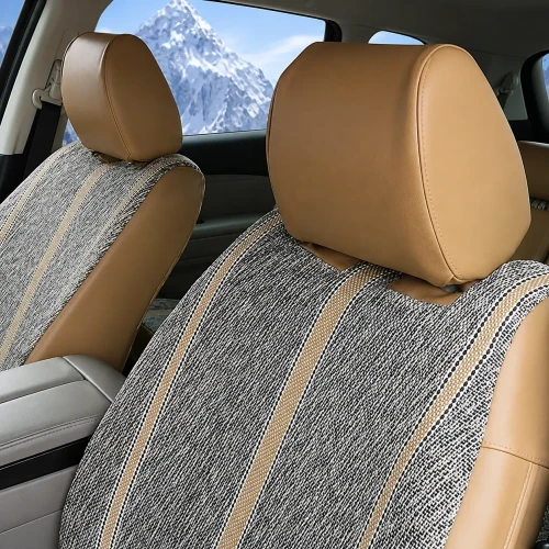 Close-up of Luxury Line Saddle Blanket Seat Covers showing woven fabric texture and tan leatherette trim.