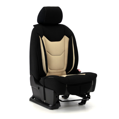 Front view of two-tone black and tan Universal Mesh Seat Cover on a bucket seat, breathable custom-fit style.