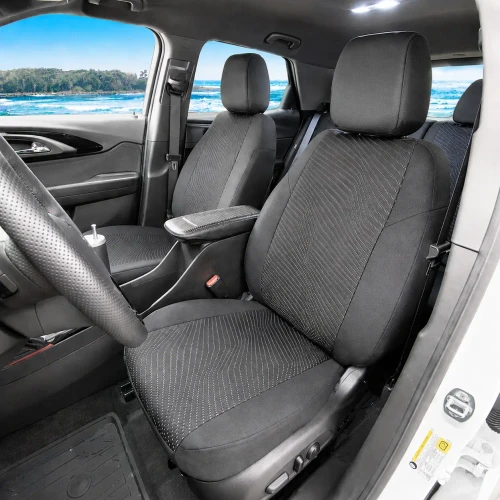 Cool-Max Seat Covers installed on front seats in a vehicle, providing cool comfort with breathable fabric and a custom-fit look.