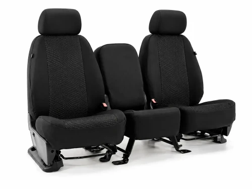 Cool-Max Seat Covers on a 40/20/40 bench seat with the center console folded down, showing precise cupholder and storage openings.