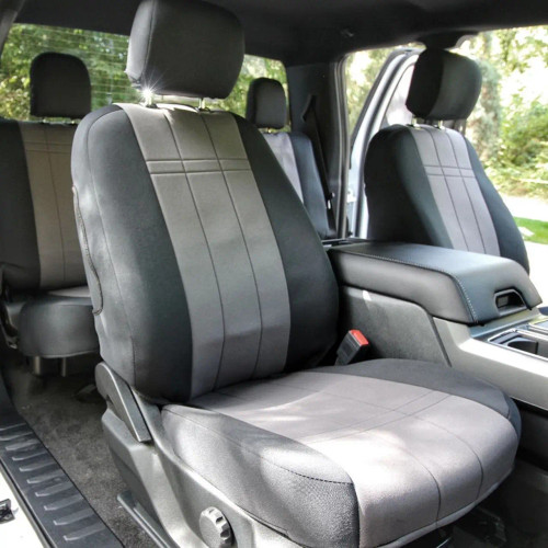 Neoprene Seat Covers installed on front seats (close view), two-tone black and gray neoprene with stitched panel detail.
