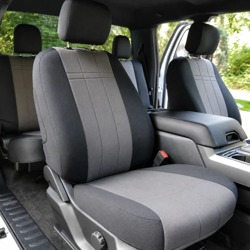 Neoprene Seat Covers installed on front seats (close view), two-tone black and gray neoprene with stitched panel detail.