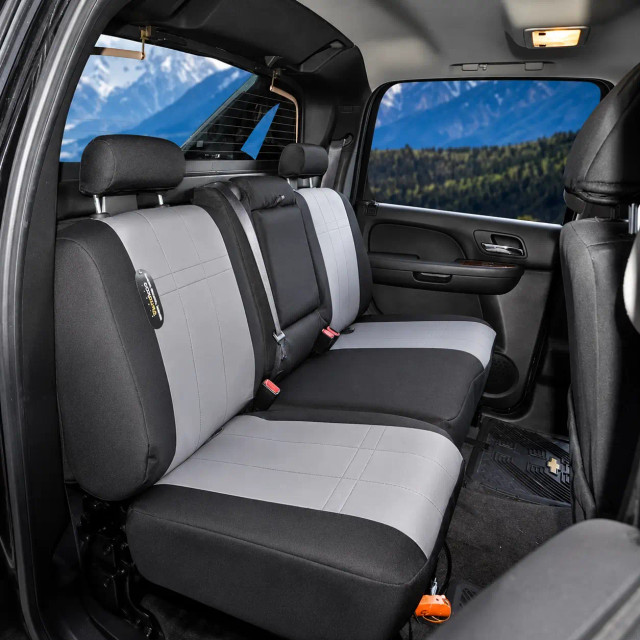 CORDURA 1000 Denier Xtra-Duty seat covers on truck rear bench, gray grid centers with black bolsters and headrests.
